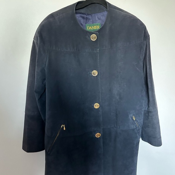 Vintage Danier Leather Suede Navy Blue Jacket Military Button Up Shoulder Pads - Picture 10 of 16